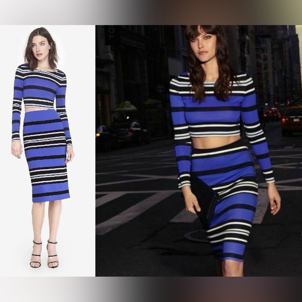 EXPRESS: (SET) Striped Long Sleeve Crop Top & Midi Skirt Set